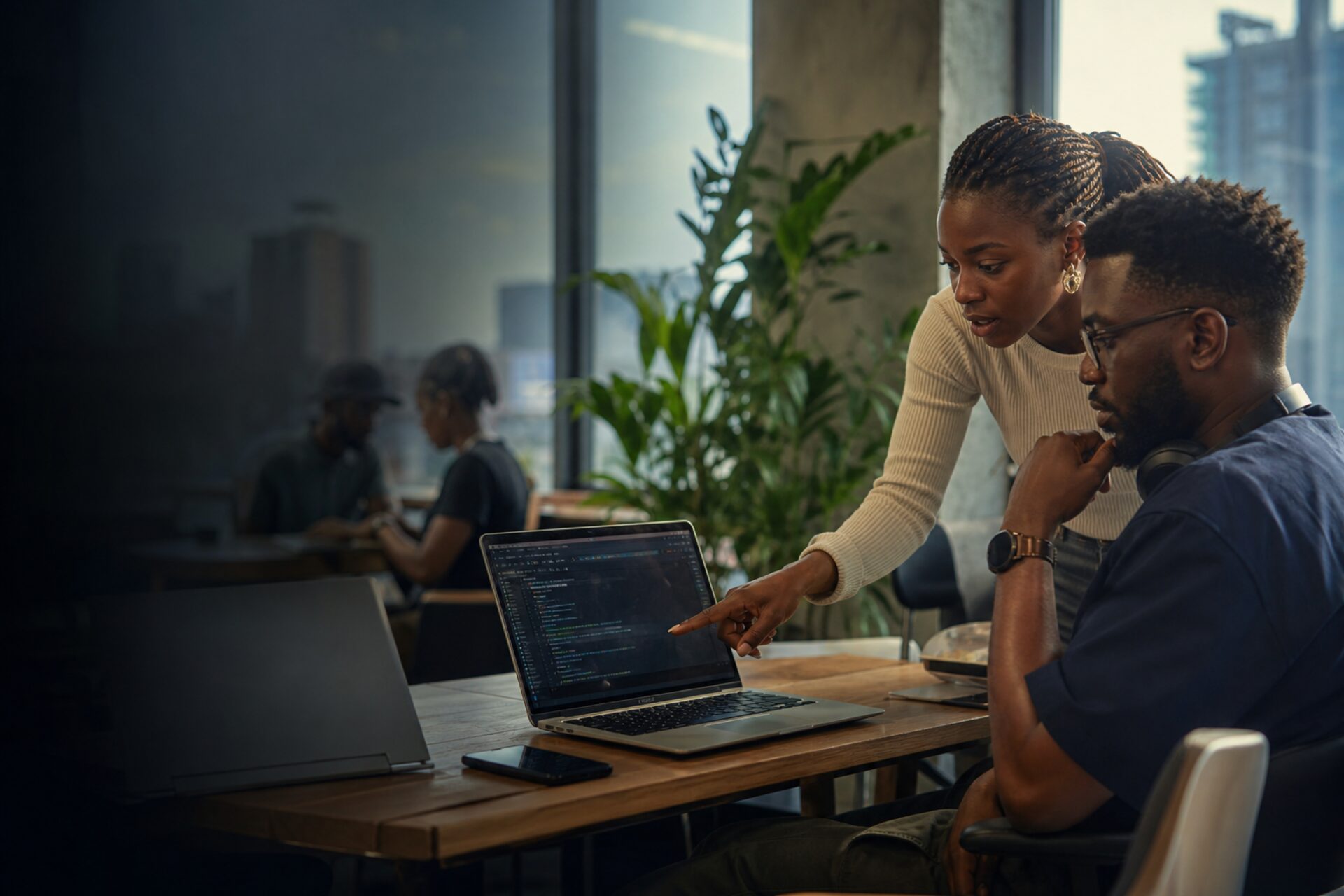 African builders collaborating on laptops in a sunlit workspace