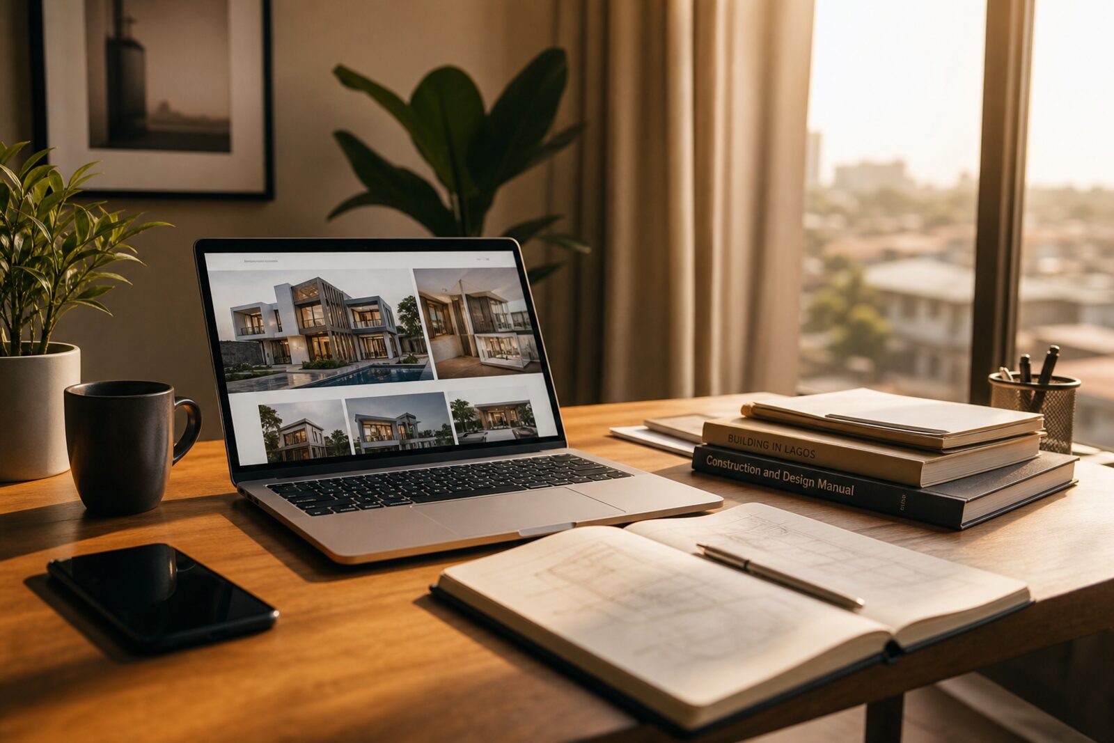Builder workspace with laptop open to a portfolio